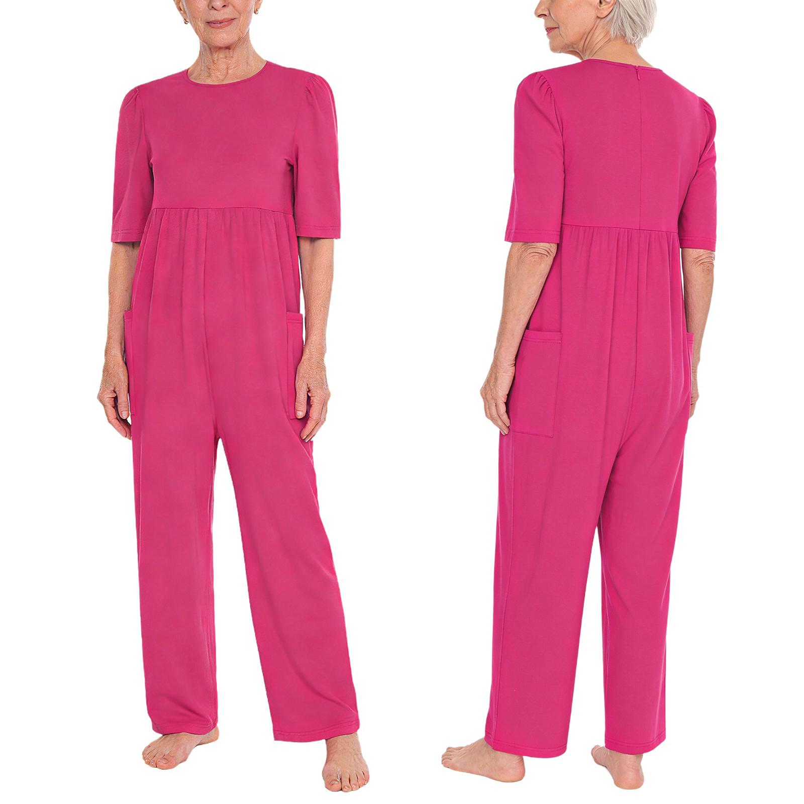 S-XXL Damen Anti-Strip Romper Kurzarm Seitentaschen Vollbein Reißverschluss hinten Adaptiver Jumpsuit für Alzheimer-Demenz-Patienten S heißes rosa