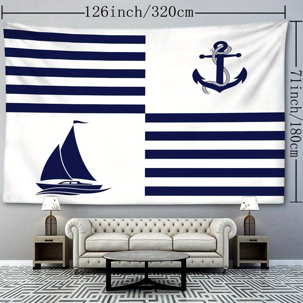 1 Stück Nautische Anker und Segelboot Wandteppich - Blau und Weiß gestreiftes Maritimes Thema Wandbehang, Polyester Gewebt, Tier Grafik Dekor für Bett