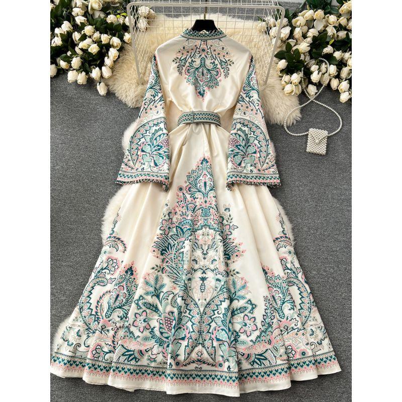 Spring New Arrival French Style Vintage Court Style Print Dress Women's Fancy Loose Fitted Waist Flare-Sleeve Dress