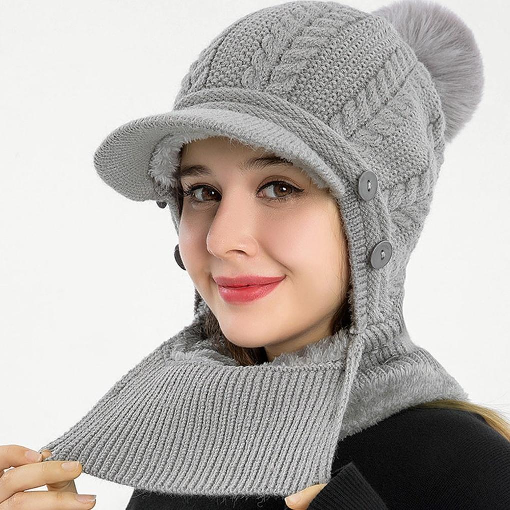 Winter cold weather knit neck warmer with fur pom pom brim all-in-one