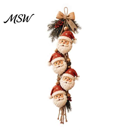 Reusable Christmas Hanging Decor Santa Claus Ornament, 2D Flat Tree Decoration, Rustic Wood Holiday Wall Sign with Pine Branches & Berries for