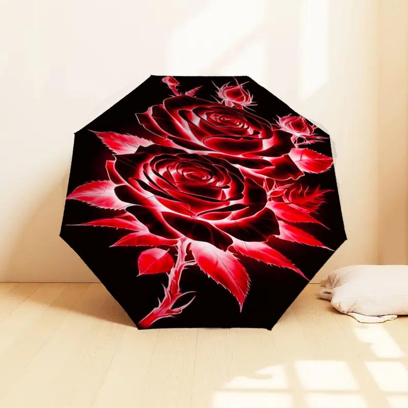 Red Rose Auto Open Close Umbrella - Portable Folding Design with 8-Bone Iron Frame, Perfect for Outdoor, Festive Gifts, Travel, Daily Use, a