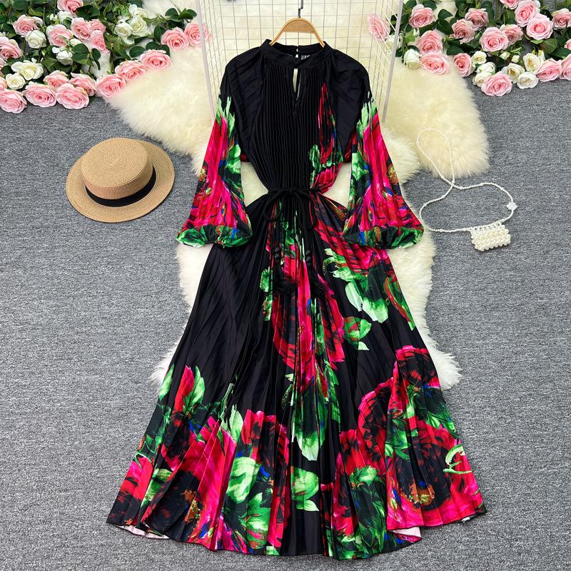 YYFS Γυναικεία Μόδα Άνοιξη Φθινόπωρο με μοτίβο λουλουδιών με μακρυμάνικο λαιμόκοψη Casual φορέματα