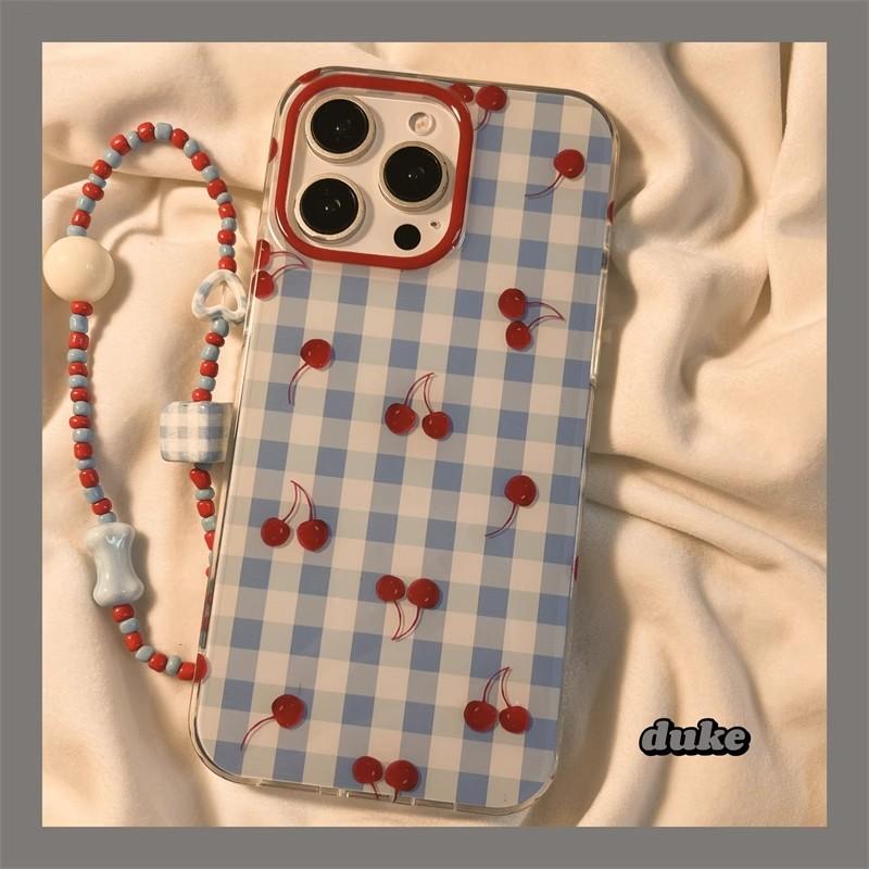 Niche Blue Checked Cherry Phone Case Suitable for Apple 16 15PRO Cartoon Protective Case IPhone14 13