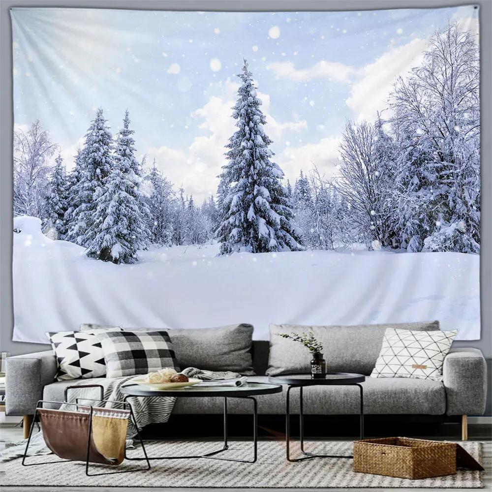 Winter Forest Snow Scene Tapestry Wall Hanging Christmas Tree Happy New Year Bedroom Living Room Home Decoration