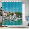 Coastal Town Landscape Shower Curtain Mediterranean Sea View Decor Bathroom Fabric Waterproof Vintage Ocean Theme Backdrop