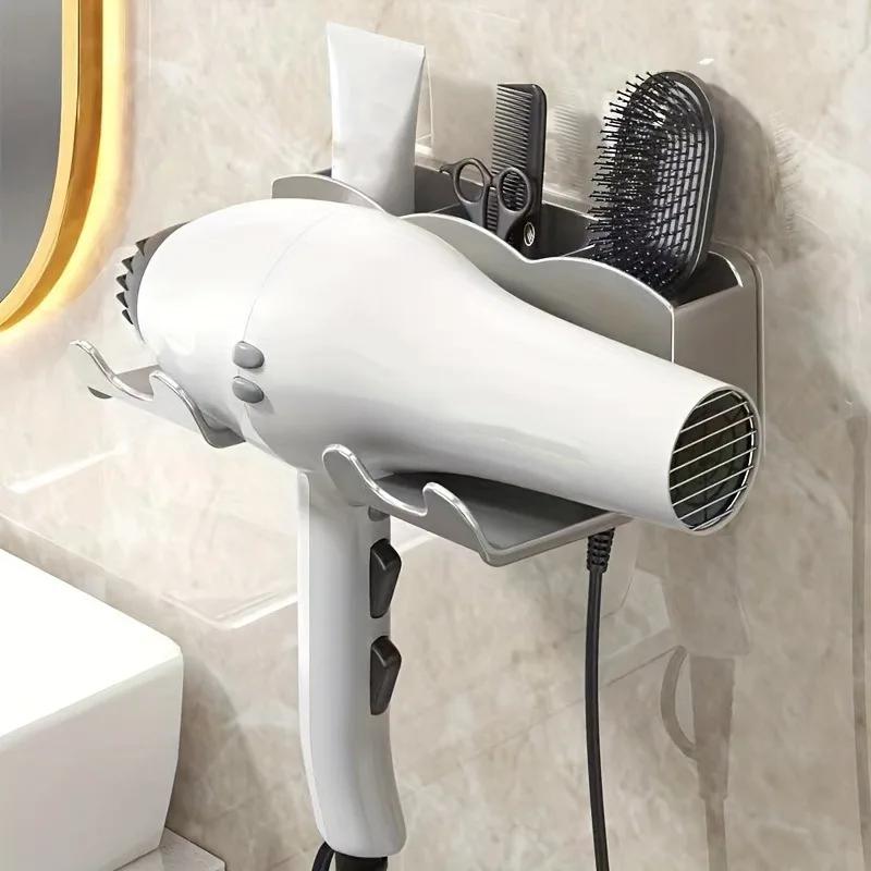 1pc Non Perforated Hair Dryer Storage Rack, Bathroom Wall Mounted Storage Rack, Bathroom Hair Dryer Stable Placement Bracket