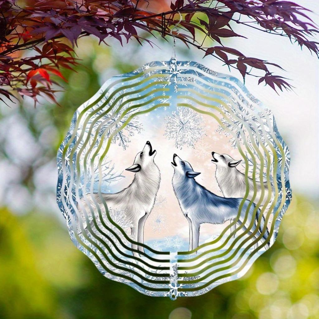 Winterwunderland 10 Zoll Metall-Windspiel mit heulenden Wölfen Schneeflocken-Design 360 drehbarer Haken für Garten Terrasse Balkondekoration Geschenk