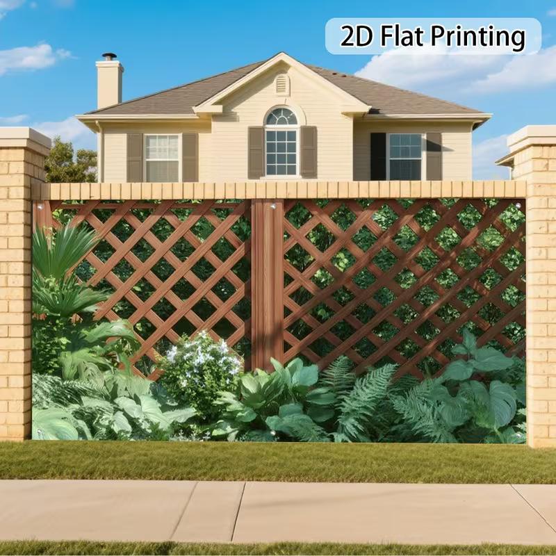 2D Diamond Crisscross Lattice Wood Fence Fern Tropical Greenery Photo Backdrop