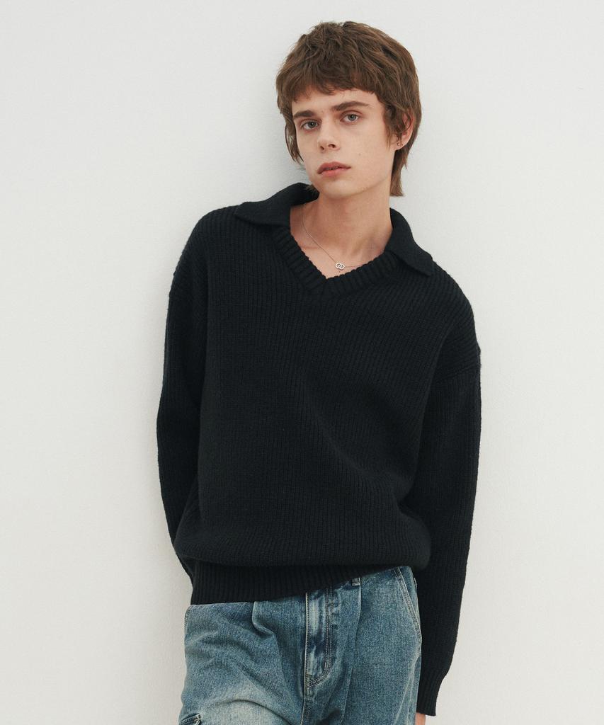 BLOND9 Open Collar V-Neck Knit_Black