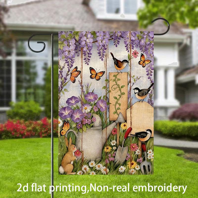 2D Flat - 2D Flat - 1pc, 2D Flat Printing, Farmhouse Style Garden Flag: Butterfly, Birds And Floral Patterns, Material, Multiple Sizes Available, Mach