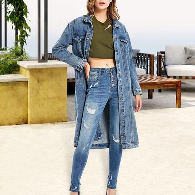Women Retro Jacket Slim Fit Washed Denim Mid Length Turn-down Collar Button-down