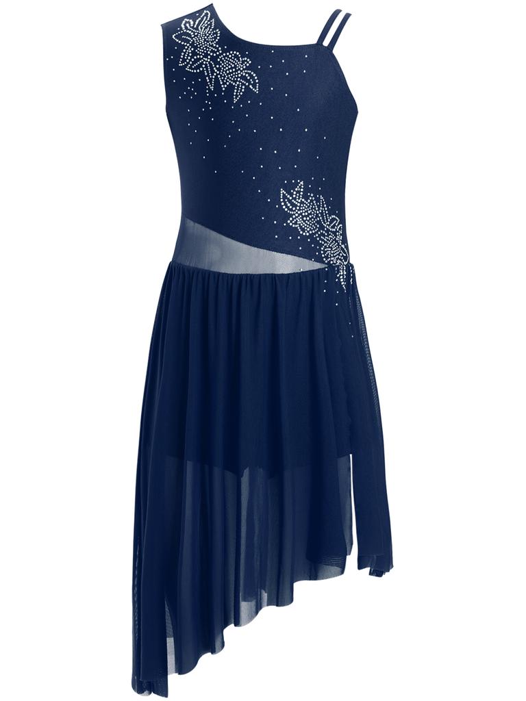 Rochie Dans Liric Fete Fără Mâneci Strălucitoare Strasuri Model Floral Asimetrică Cu Șliț Lateral Rochie de Performanță