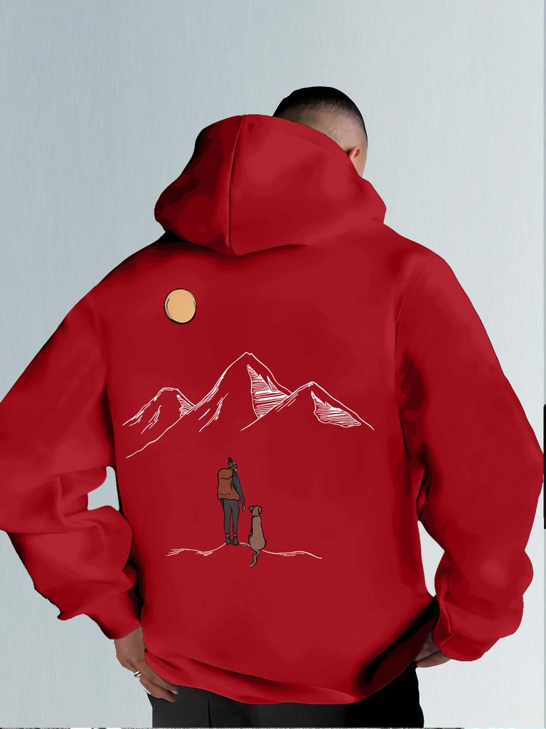 Men's Hooded Sweatshirt with Mountain Map Pattern on The Back. Warm Winter Hooded Pullover Suitable for Hiking Camping Daily Use