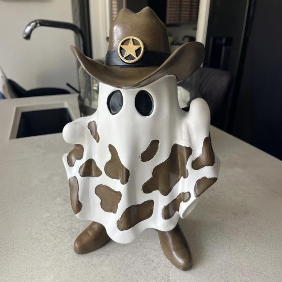 Ghost Cowboy Figurine Halloween Ghost Wearing Cowboy Hat Boots Decoration Desktop Ghost Statue for Mantel Cabinet Bookshelf