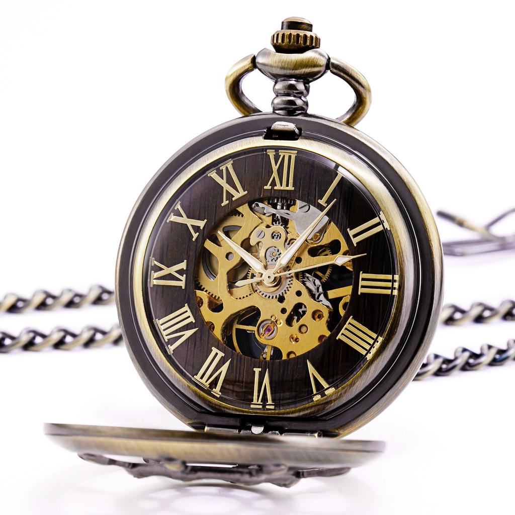 TREEWETO Bronze Double Cover Roman Numeral Dial Skeleton Pocket Watch for Men and Women
