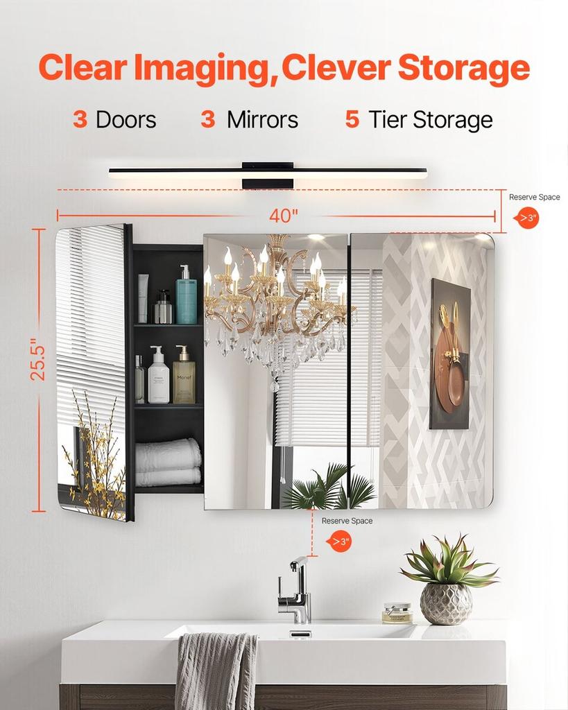 Medicine Cabinet 25.5" x 40" Mirror Medicine Cabinet Adjustable Shelves