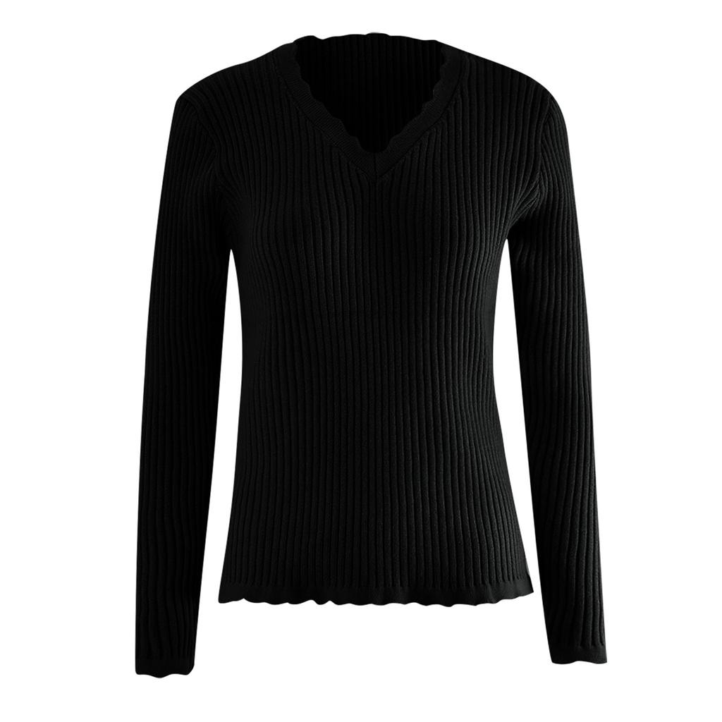Ladies Fashion Sweater Solid Color V-Neck Lace Slim Fit Knitted Bottoming Shirt