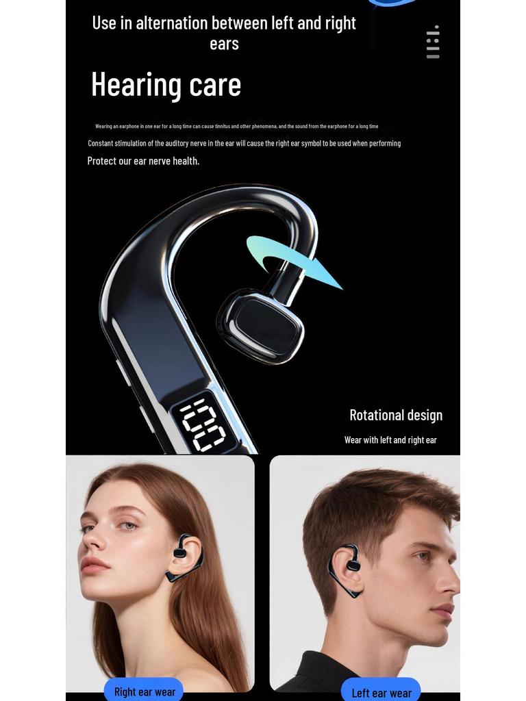Bluetooth Bone Conduction Ear-hook Headset with Digital Display and Long Battery Life