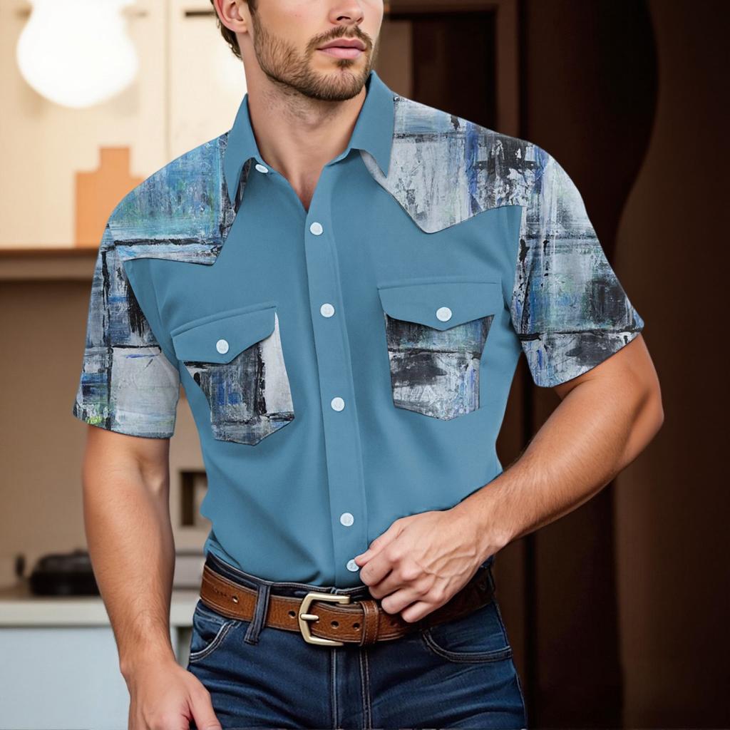 Pánské módní s klopou a krátkým rukávem ležérní top délky po ramena