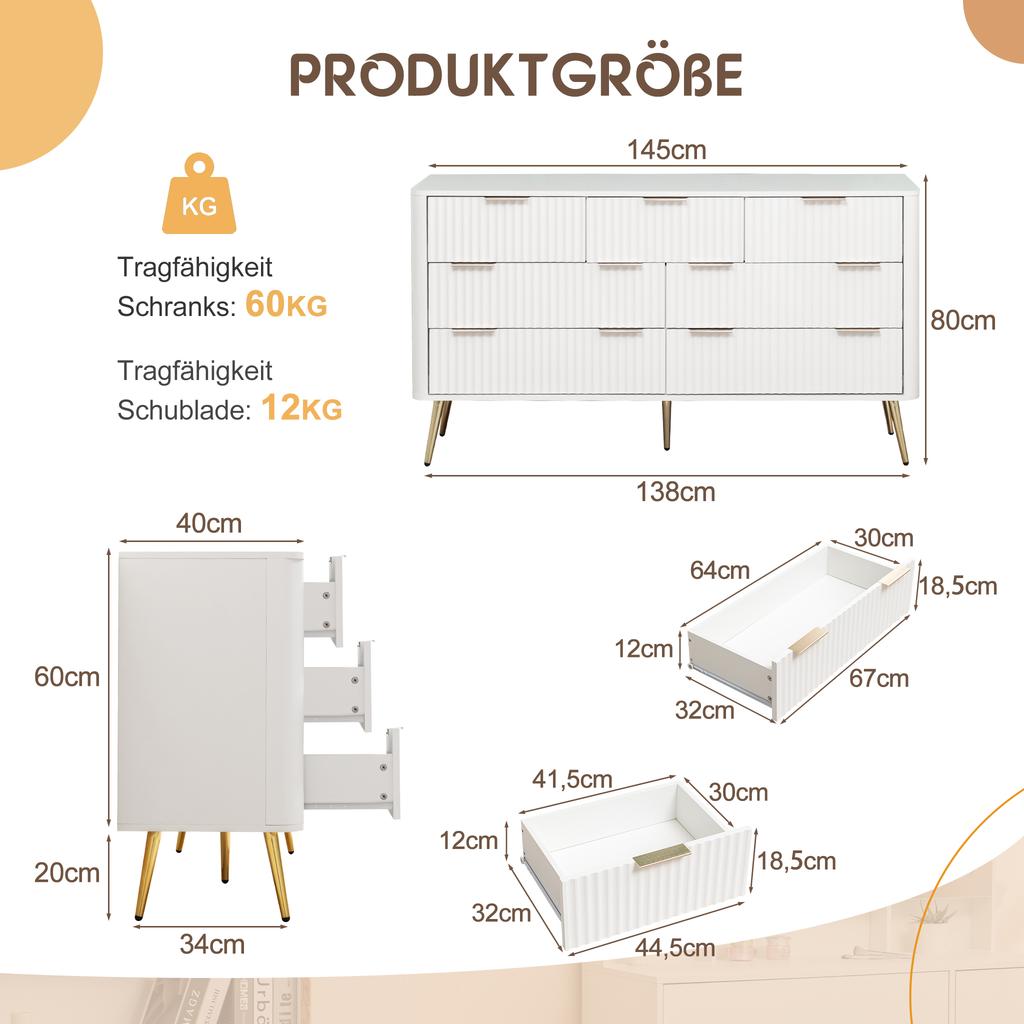Comodino a 7 cassetti, Cassettiera bianca, Maniglie in metallo, Guide a chiusura ammortizzata, MDF robusto, Soggiorno Corridoio, Dispositivo anti-ribaltamento, Gambe rialzate, Aspirapolvere robot
