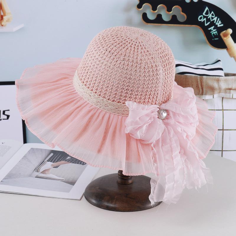 Summer Girls Straw Visor Big Brim Mesh Bow Princess Wind Sun Hat Outdoor Outing