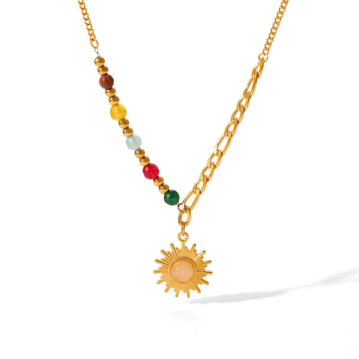 

French style vintage 18K gold stainless steel sun cat s eye stone pendant necklace colorful stone titanium steel necklace