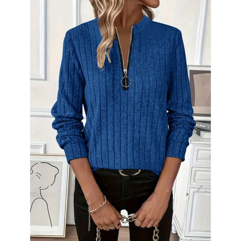 Women Solid Color Ribbed Knit Zipper Long Sleeve Loose Pullover Sweatshirt