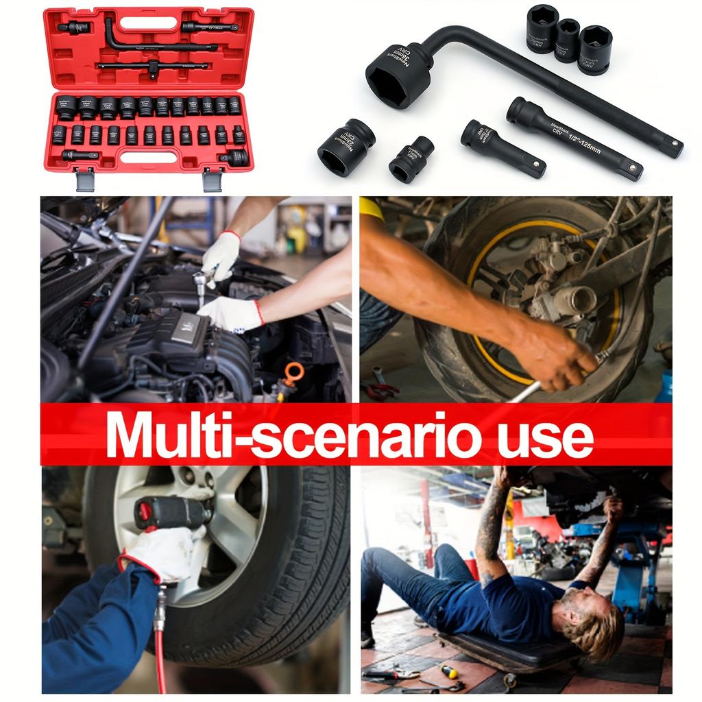 1/2 Inch Drive Socket Set,28 Piece Impact Socket Set,CR-V,Includes Universal Joints and Impact Extension Bars,T-head Breaker Bar