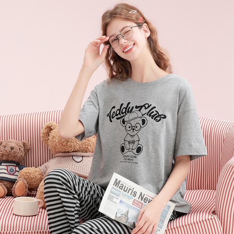 Fenteng [100% Cotton] Teddy Bear IP Summer New Product Round Neck Shorts Thin Pajamas Women's Home Furnishing Set