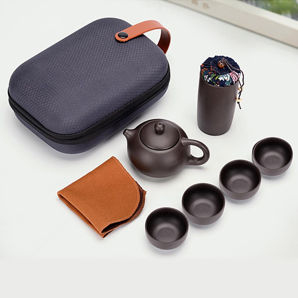 Ceramic Purple Sand Tea Set Portable Outdoor Travel Tea Pot and Cups Set with Towel Tea Canister and Carry Bag