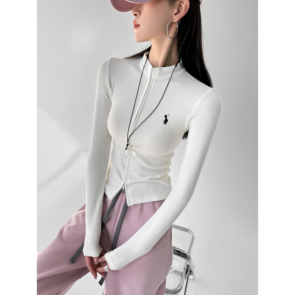 Double Zipper American Cardigan Embroidered Long Sleeve Girl Spring Design Skinny Versatile Cardigan Top Girl