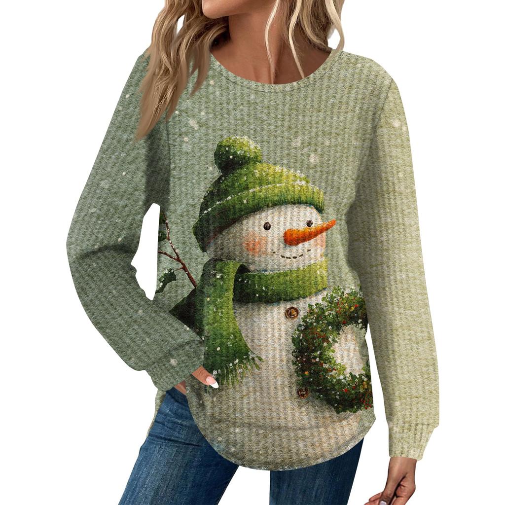 Dámská móda Ležérní Volný Top s kulatým výstřihem a dlouhým rukávem s vánočním potiskem