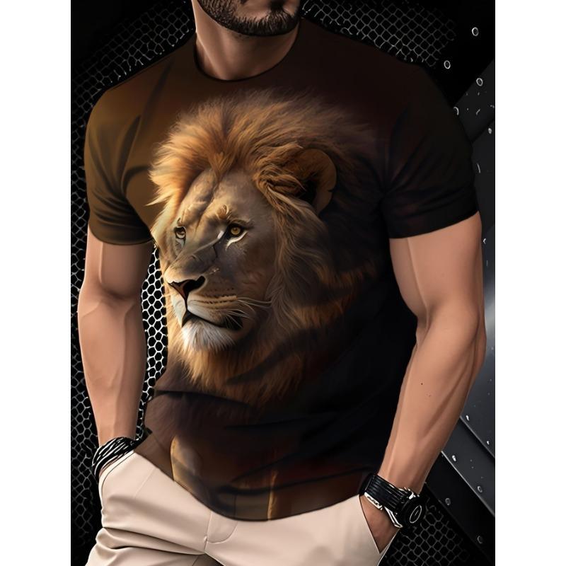 Fashion 3D Lion Face Mens Tshirt, High Quality Digital Printing Short Sleeve Tee, Comfortable Stretch Fabric Casual Summer Top, Trendy Streetwear