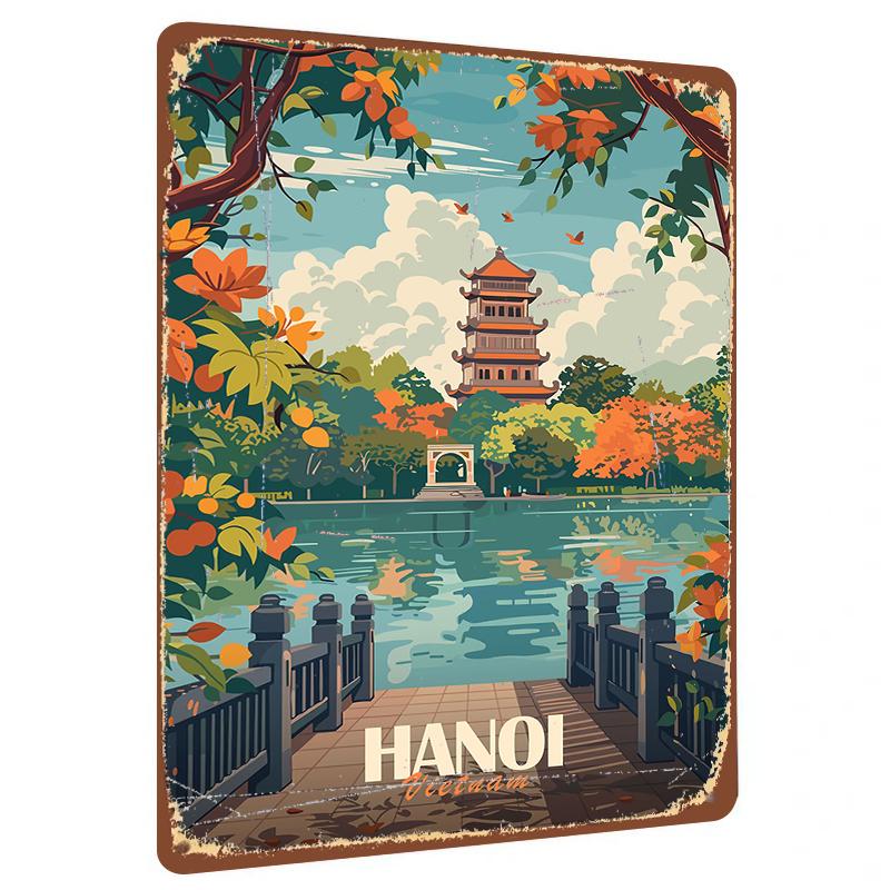 Hanoi Vietnam Vintage Metal Wall Art Traditional Pagoda Scenery Decorative Iron Painting for Home Office Decoration