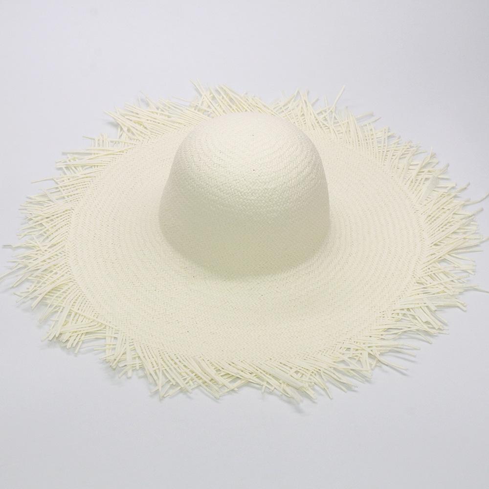 Women's wide-brimmed hat, tassel floss beach hat, foldable pure woven sun-visor, white and black paper straw round hat