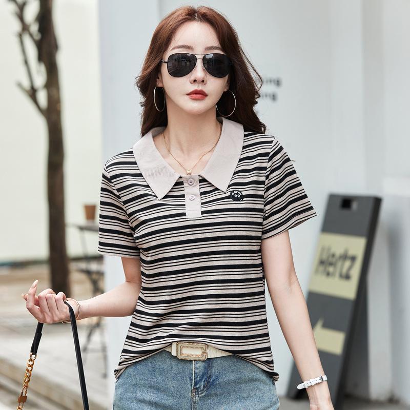 

Футболка с коротким рукавом и полосатым лацканом, женская, летняя, 2024 года, новая модная, вышитая, свободная, тонкая, женская рубашка, топ 3XL чёрный