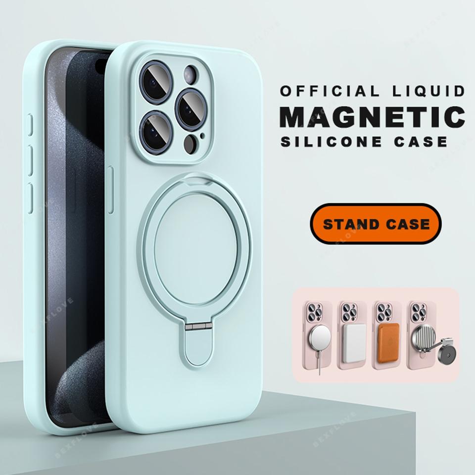 Magnetic Liduid Silicone Stand Phone Case For iPhone 15 14 16 Plus 11 12 13 16 Pro Max Magsafe Ring Holder Protector Soft Cover
