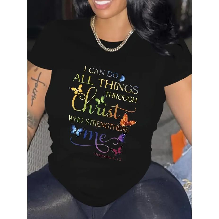 3D Print Round Neck Short Sleeved T-shirt for Women Cup Black Letters Tees Breathable Polyester Stretch Comfortable for Everyday