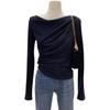 New 2024 Off-Shoulder Ruched Long-Sleeve T-Shirt, Rayon 1x1, 260g, High-End.