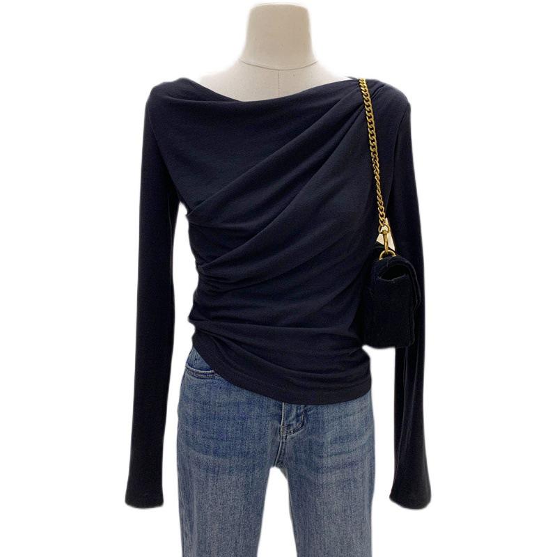 New 2024 Off-Shoulder Ruched Long-Sleeve T-Shirt, Rayon 1x1, 260g, High-End.