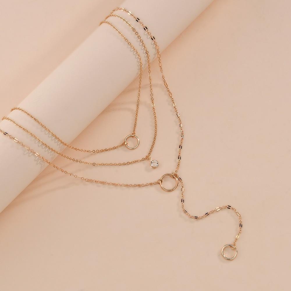 Simple round iron ring hemming diamond pendant necklace multi-layer chain neck chain collarbone chain accessories