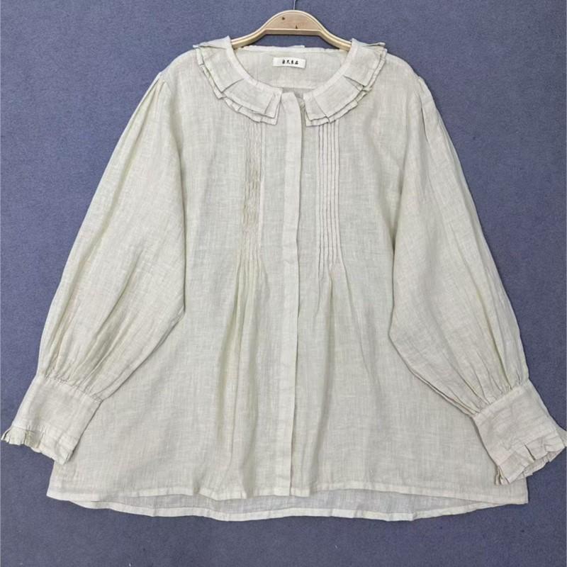 Johnature Autumn Round Neck Single Button Loose Long Sleeve Shirt Solid Color Pleated Casual Shirt For Women