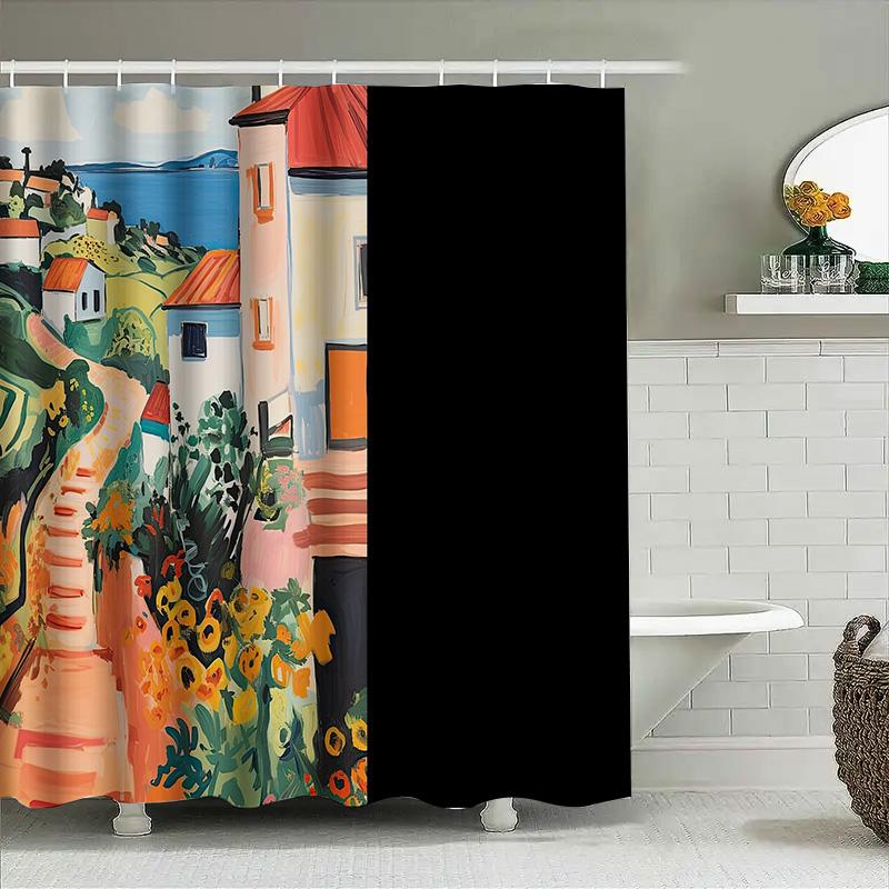 Coastal Landscape Shower Curtain Mediterranean Sea View Bathroom Decor Beach Themed Fabric Backdrop Wall Hanging Artistic Home D