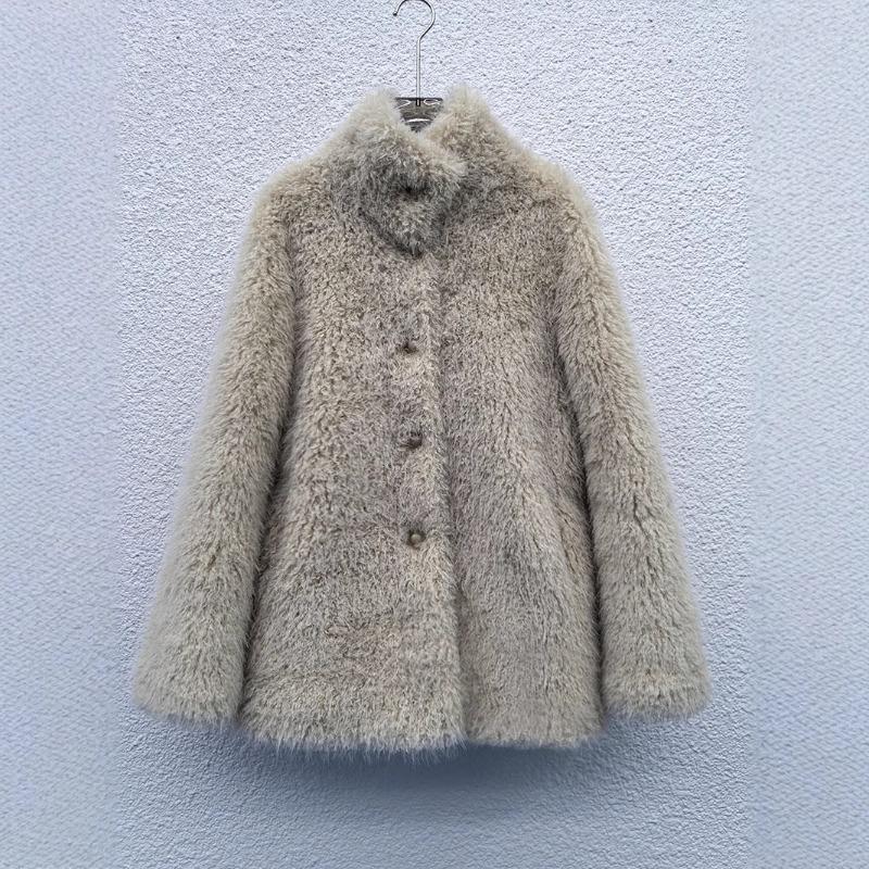 

Осень и зима новый стиль свободный средней длины женский воротник-стойка имитация пальто мех интегрированный меховое пальто One Size (M) абрикосовый