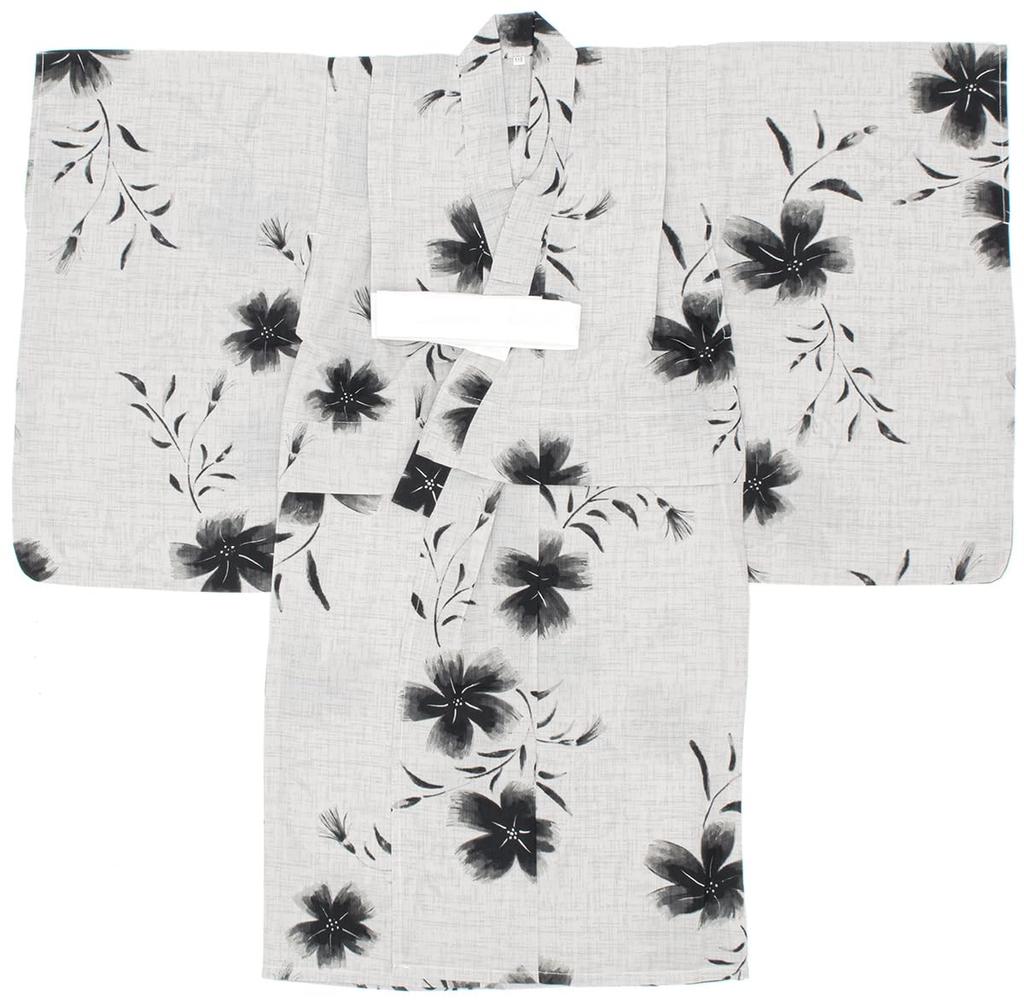 SOUBIEN Yukata Set Modern Gray with Black and Children's 2-Piece (Yukata/Heko Obi), 140cm, White, kdy10042-obs10075
