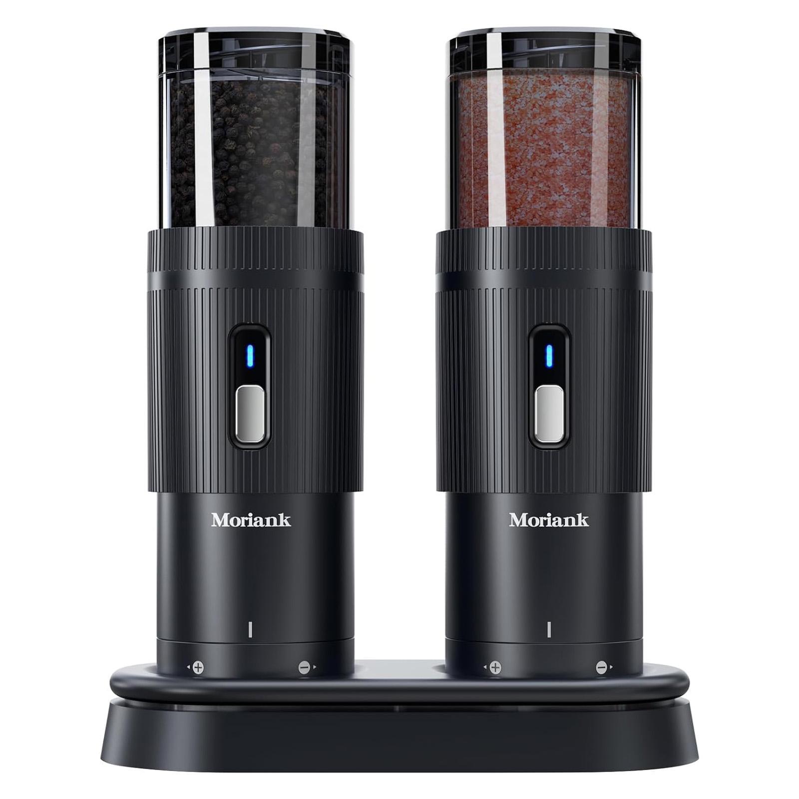 

Rechargeable Electric Salt & Pepper Grinder Set - Upgraded Large Capacity w/ LED Charging Base & Adjustable Coarseness (Black) чёрный