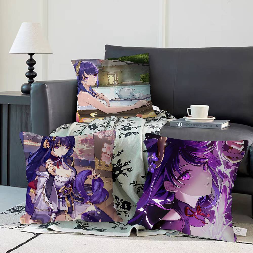 G-Genshin Impact Raiden Shogun Kissenbezug Abnehmbarer Waschbarer Kissenbezug – Ganzjahres Weiches Leinen