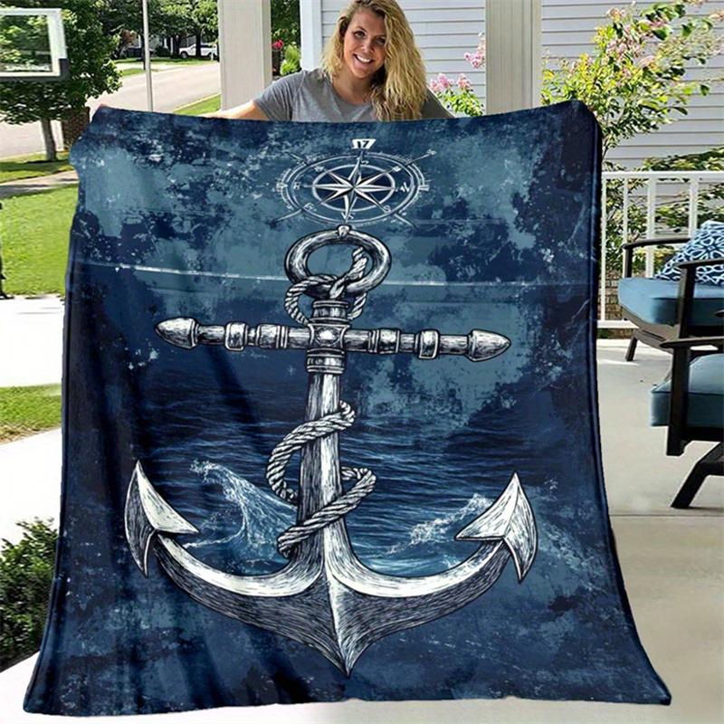 1pc Nautical Anchor & Waves Printed Throw Blanket - High-Quality Polyester, Rectangular, Knit Fabric, Ideal for Cozy Home Decor & Unique Gif
