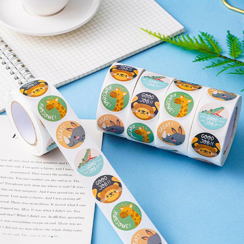 100-500Pcs New 1Inch Animal Good Job Cool Stickers Roll For Envelope Praise Reward Student Work Stationery Seal Lable Child Gift